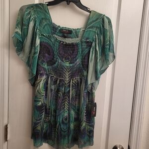 Style & Co. Green‎ and Purple Feather Print Blouse new never worn
